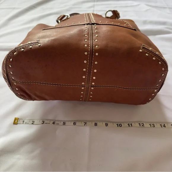 MICHAEL KORS Cognac Brown Gold Studded Leather Shoulder Tote Bag - Picture 10 of 16